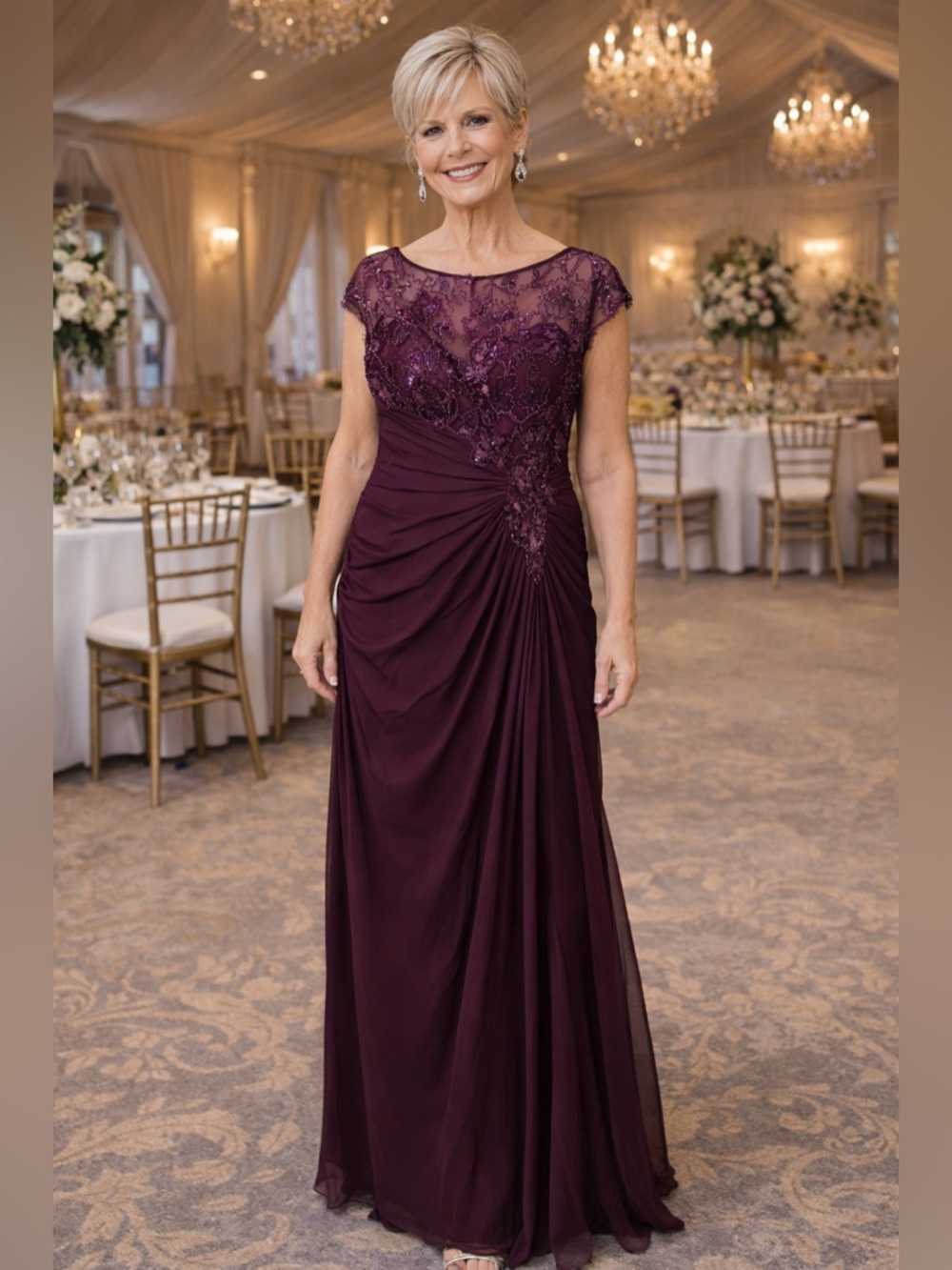 Jasmine Plum Lace Bodice Ruched Maxi Dress. size 8